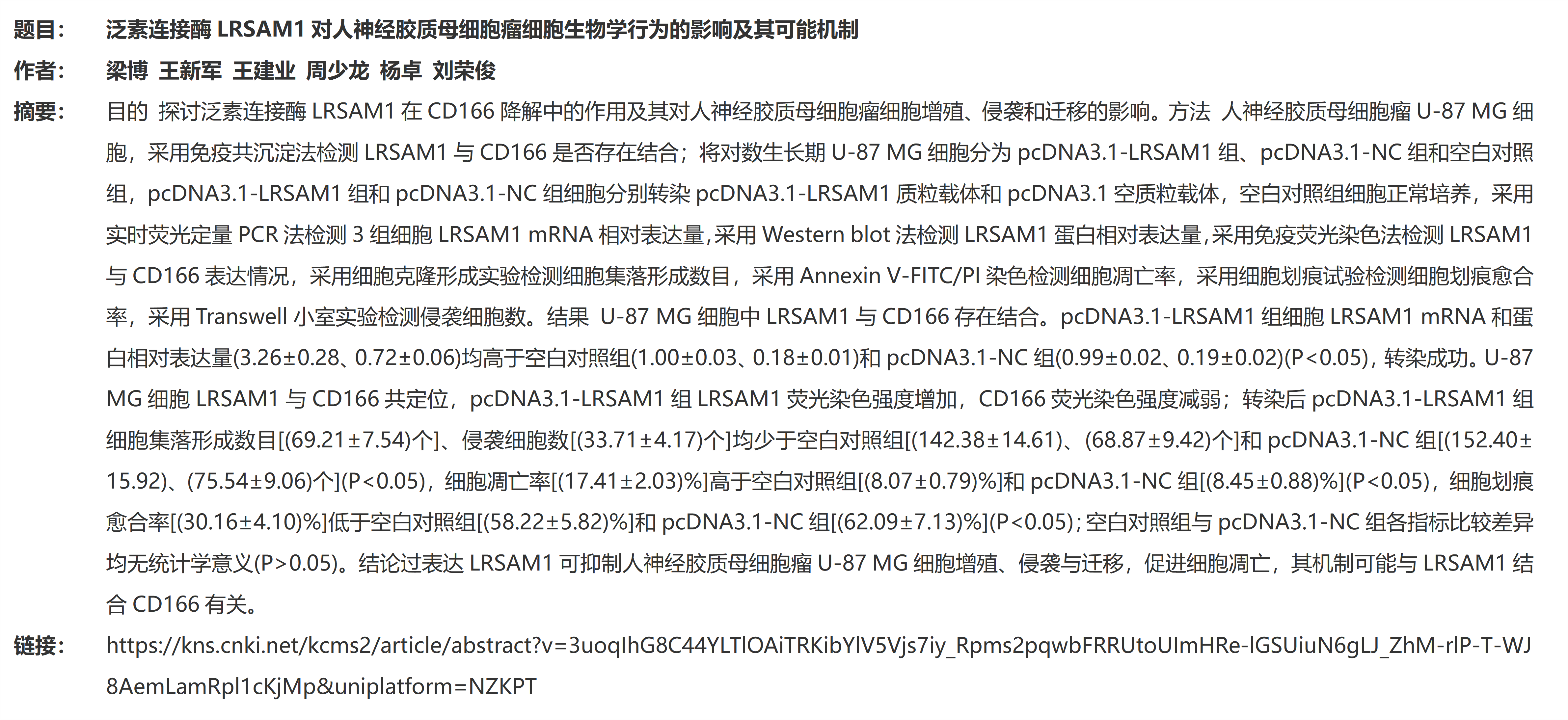1.泛素连接酶LRSAM1对人神经胶质母细胞瘤细胞生物学行为的影响及其可能机制_01